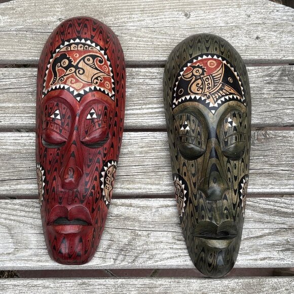 Vintage Indonesian Wood Mask Lot Hand Carved Tribal Art Painted Face Green Red - Picture 1 of 7